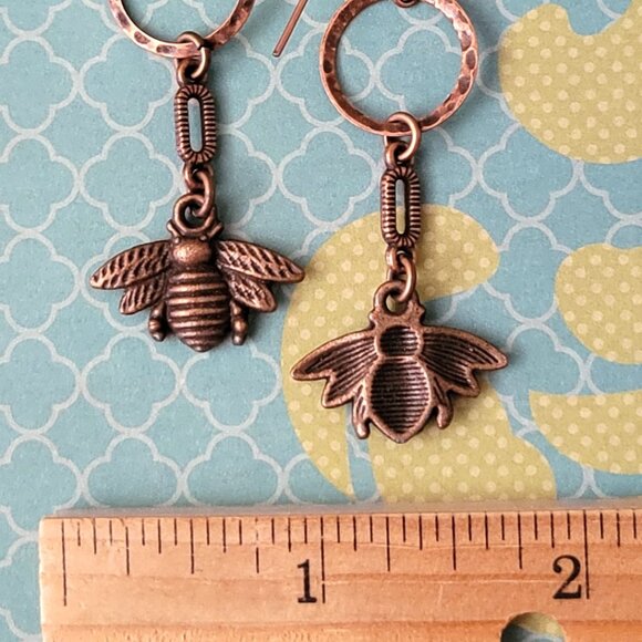 HONEY BEE Copper Charm Earrings Brass Hook Ear wires Bumble Bee, Insect - Picture 8 of 10